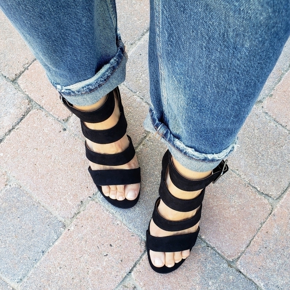 Vionic Black Suede Strappy Stacked Block Heel Blaire Sandals Heels New 6 6.5 - Picture 5 of 15